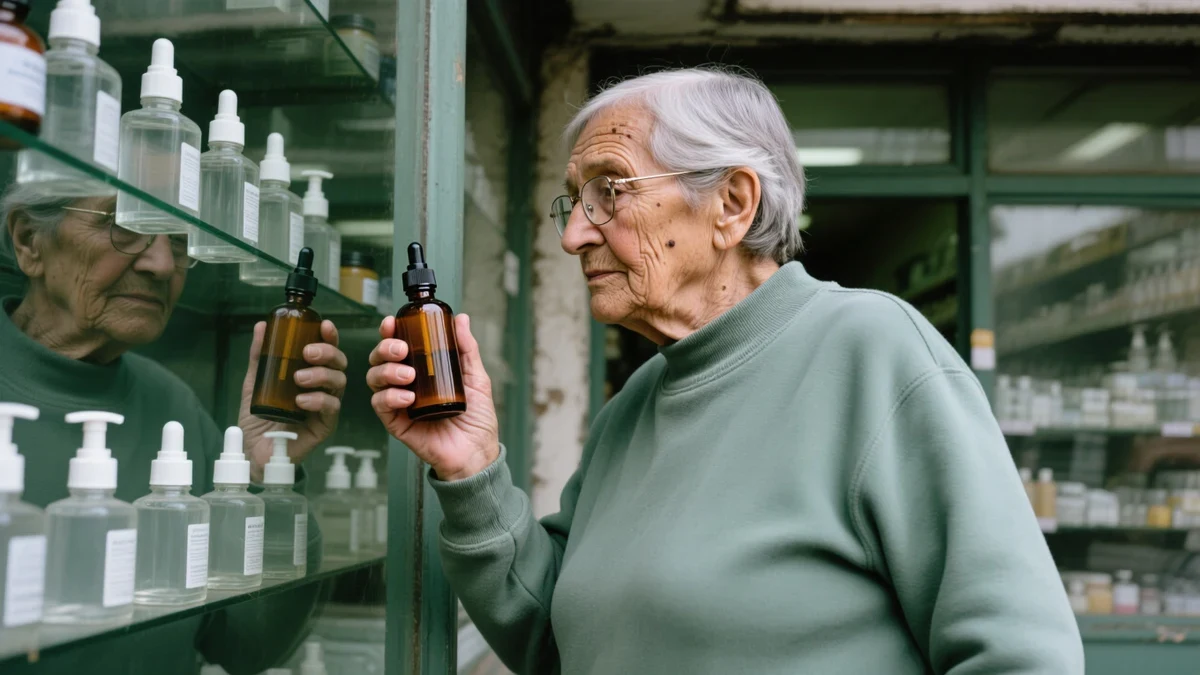 A woman in her sixties reads the back of an unbranded amber bottle at a shop counter by the window, late-summer light warming the glass shelves around her.