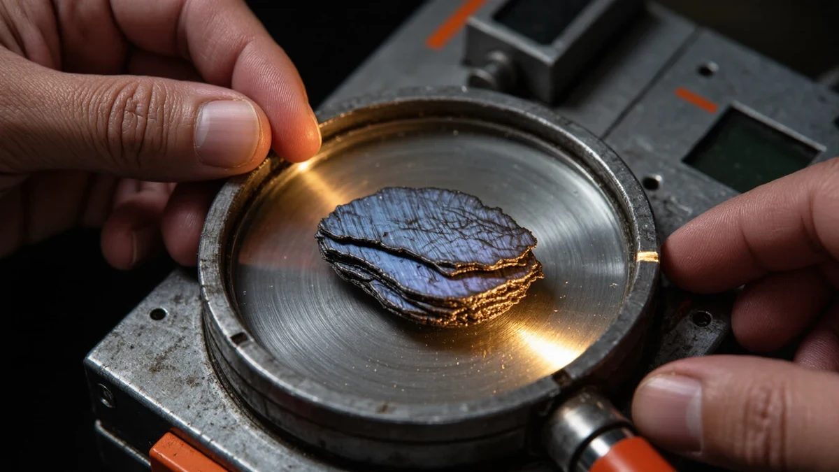 Gloved hands holding a shimmering one-atom film in tweezers over a graphite workbench, warm off-white light, a single violet reflection tracing the material's edge.