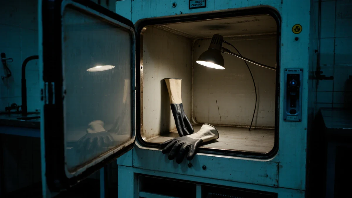 A scientist in safety glasses pipetting edited cell suspensions at a glass-and-steel lab bench under cool white light.