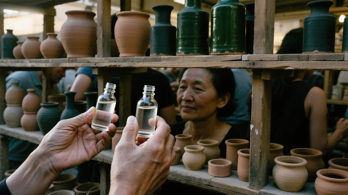 A shopper in her forties compares two serum bottles in warm window light, reading the ingredient list on the back of the box.