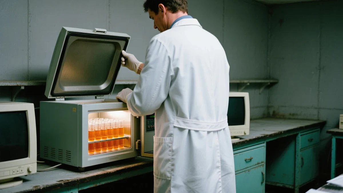 A researcher loading multiwell screening plates into a plate reader at a bright lab bench, teal-glass reflections across brushed steel.