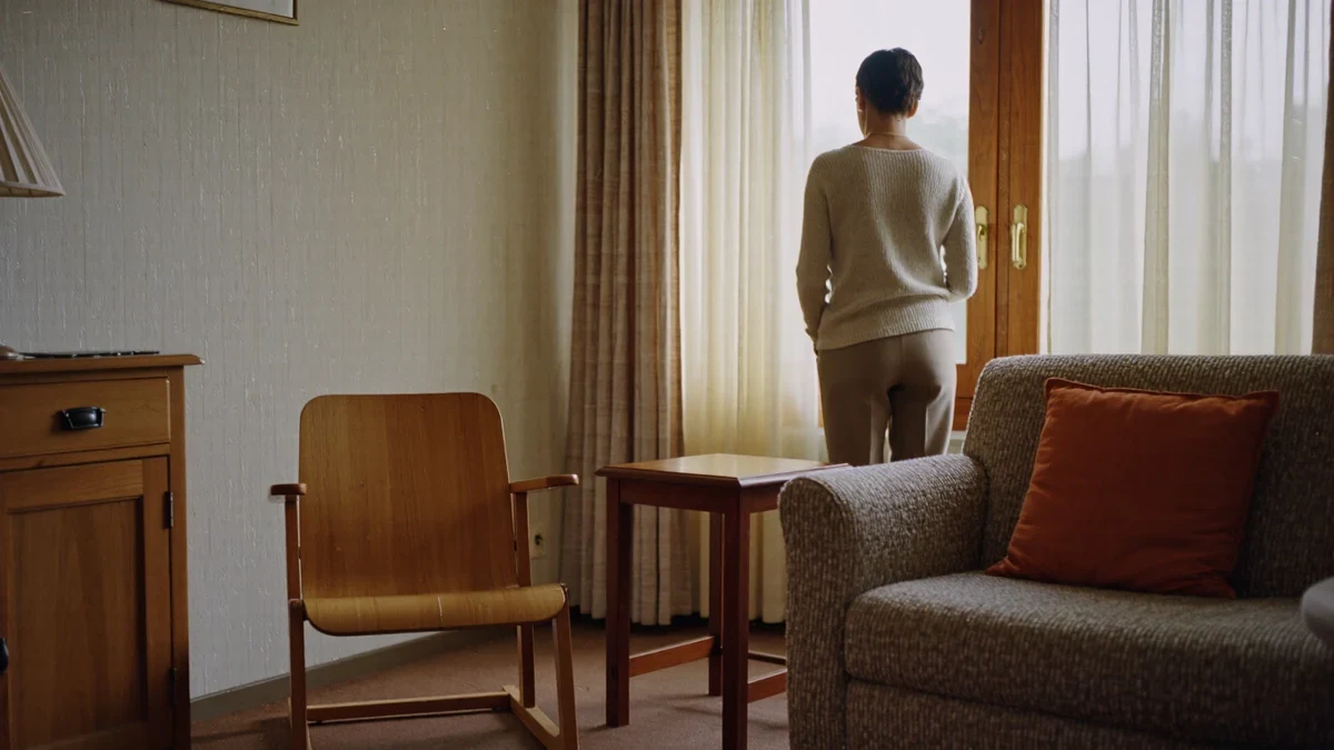 A pale living room layered in oiled walnut and bouclé, a red plywood chair tilted toward the window light, a woman setting down her coffee to straighten a stem of eucalyptus.