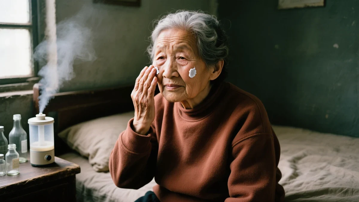 A woman in her sixties with silver-threaded curls applies a rich cream at her bedside in low winter light, a humidifier breathing quietly beside the window.