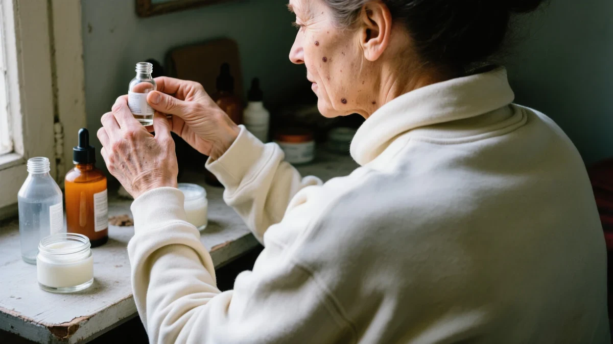 A woman flips a shampoo bottle to check its lot code at a window-lit vanity, soft daylight on natural skin.
