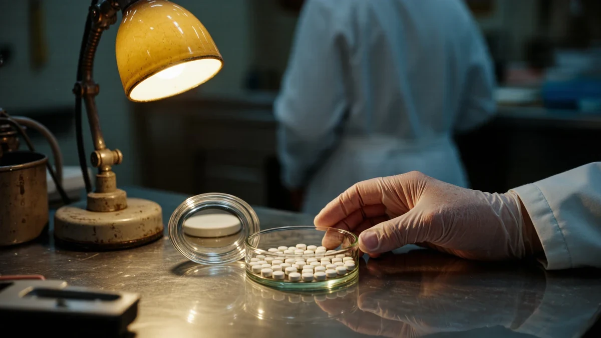 A laboratory technician pipettes clear reagent into a microplate at a white bench under cool teal task lighting.
