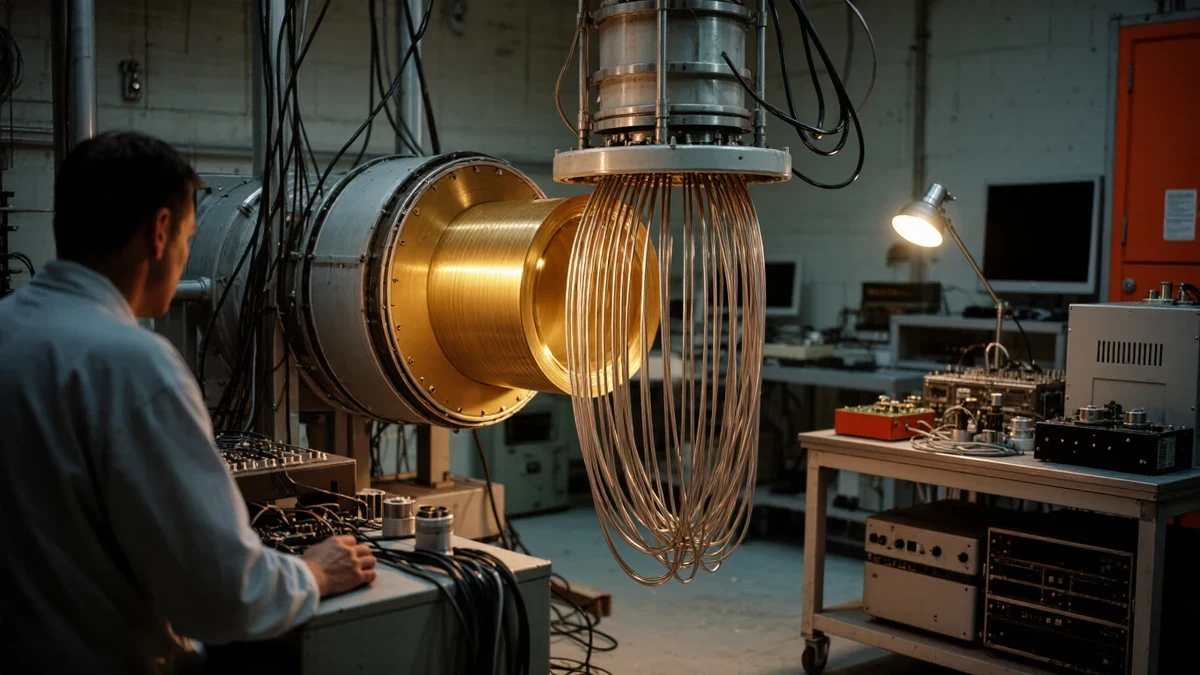 An engineer's hands calibrating a dilution-refrigerator rig in a dim graphite lab corner, one cobalt-blue readout screen glowing above the cryostat.
