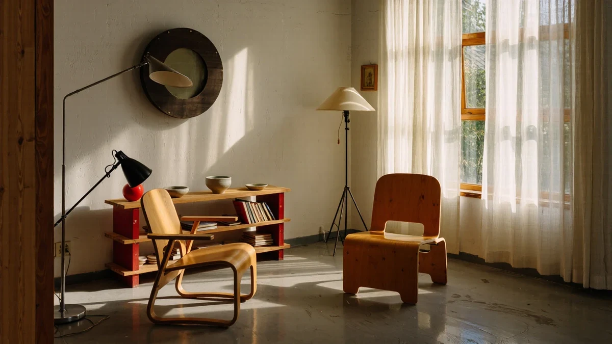 A bright SoHo corner with a red plywood chair and a trumpet-shaped uplighter against a plaster wall, a shopper laughing as she tests the rock of a pine bench.