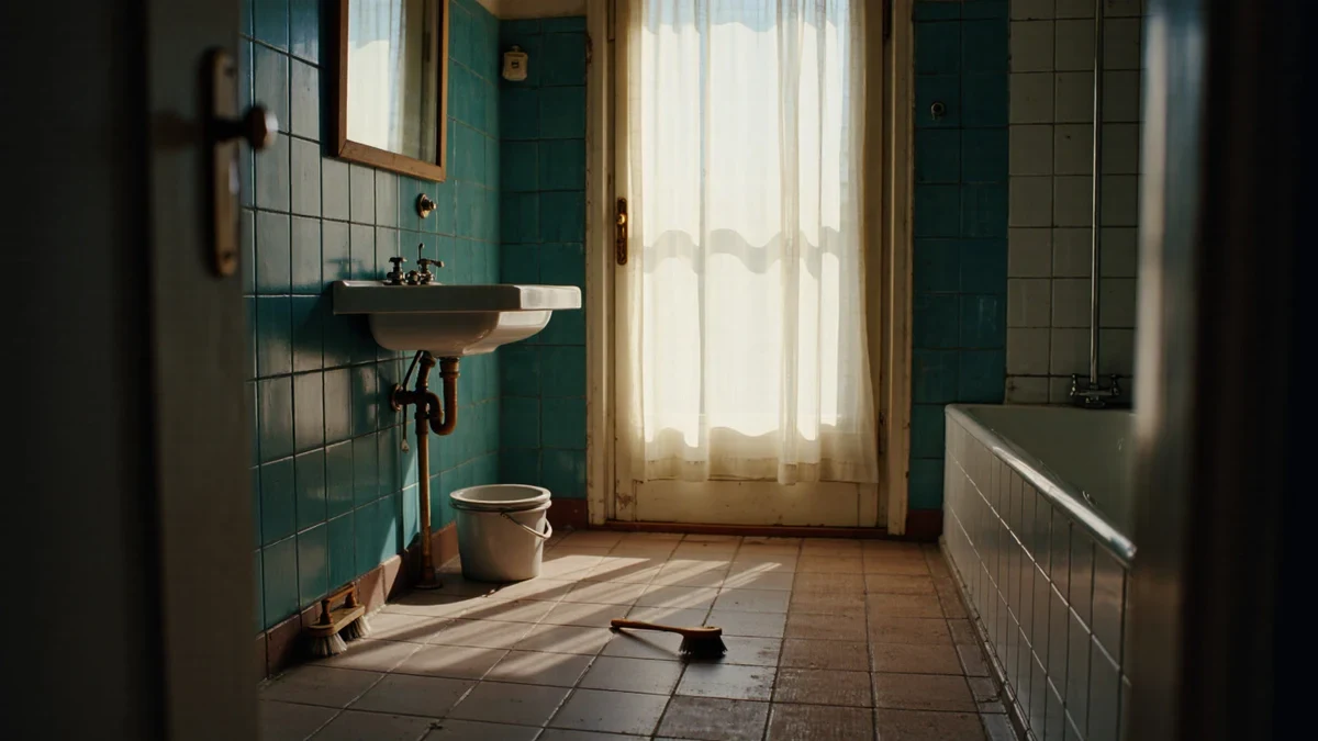 Soft morning light through a linen curtain glances off a glazed backsplash as hands wipe the tile with a cloth.