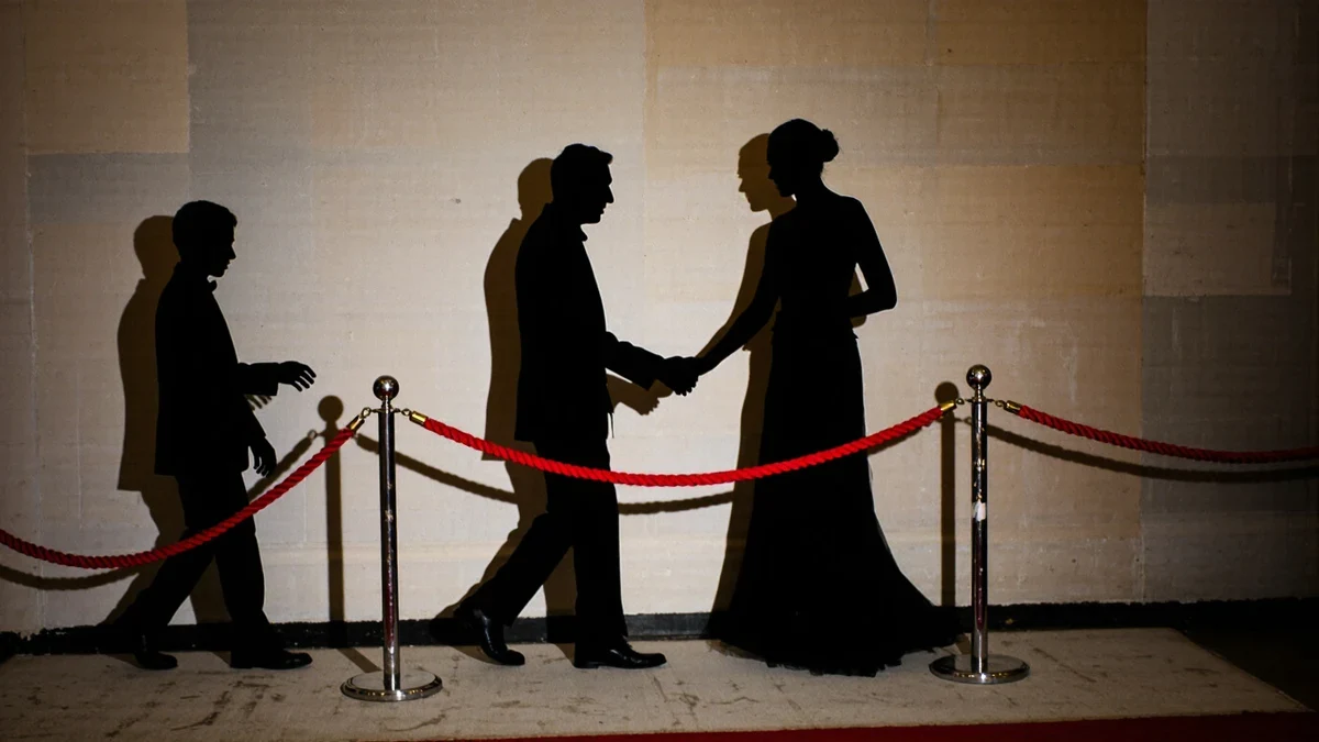 Two silhouetted figures in evening dress pause at a velvet rope as flash bulbs bloom across a golden arrivals carpet.