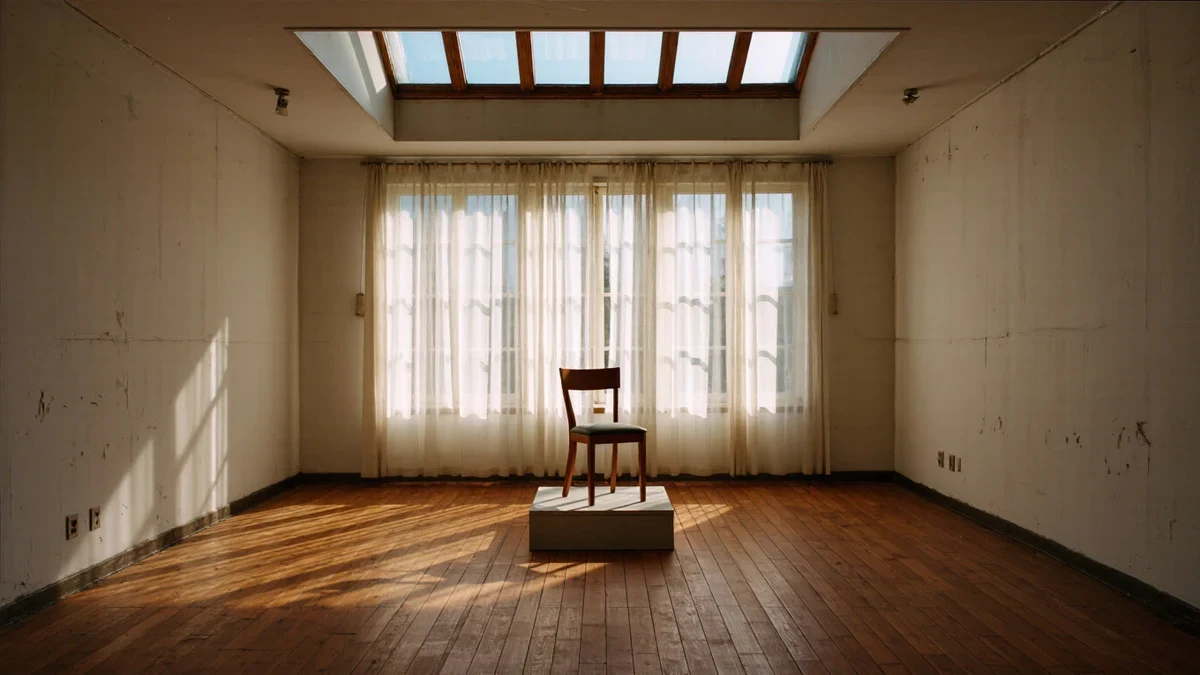 A dining room in warm daylight, a slender three-legged beech chair drawn up to a linen-dressed table as someone lays out ceramic bowls.