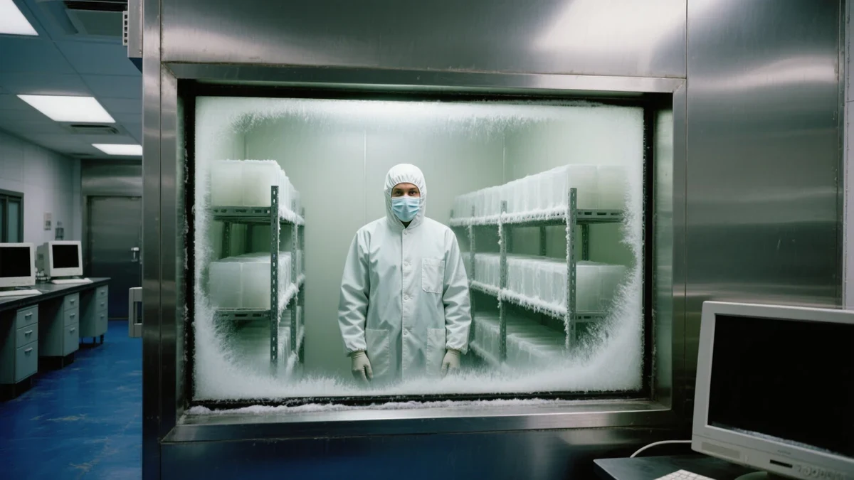 A data scientist scrolling a genomic variant dashboard on dual monitors above a steel lab bench washed in cool teal light.