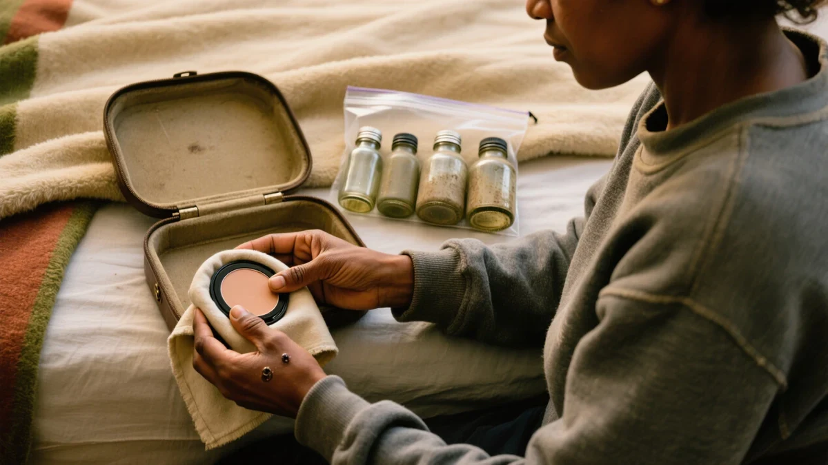 A woman in her thirties packing a small structured makeup case by a window at golden hour, wrapping a pressed powder in a soft cloth.