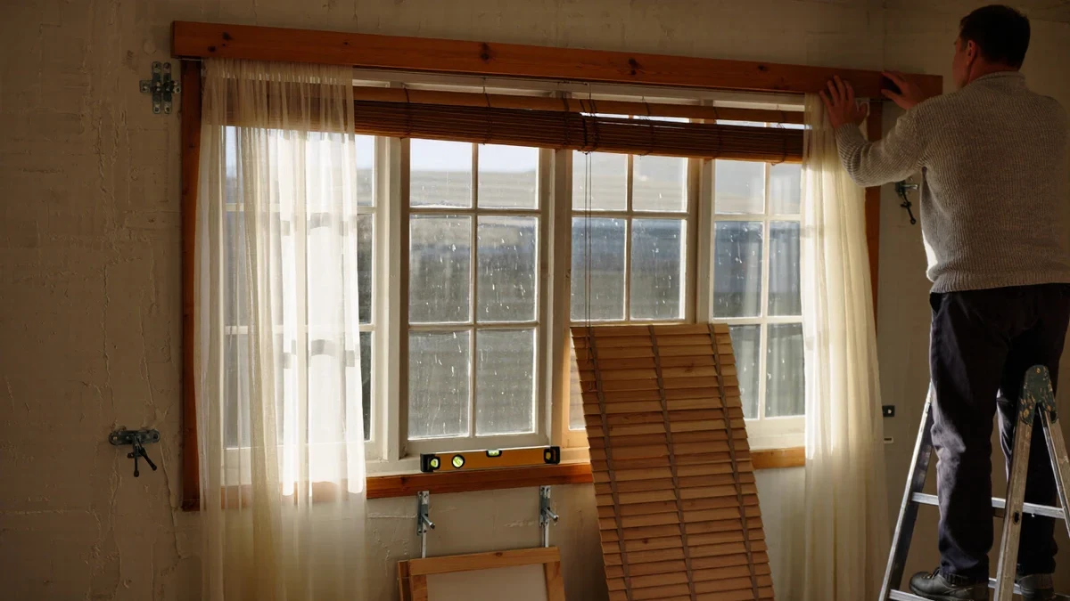 Afternoon light through half-raised blinds striping a linen curtain, a man kneeling at the window frame with a level and pencil behind his ear.