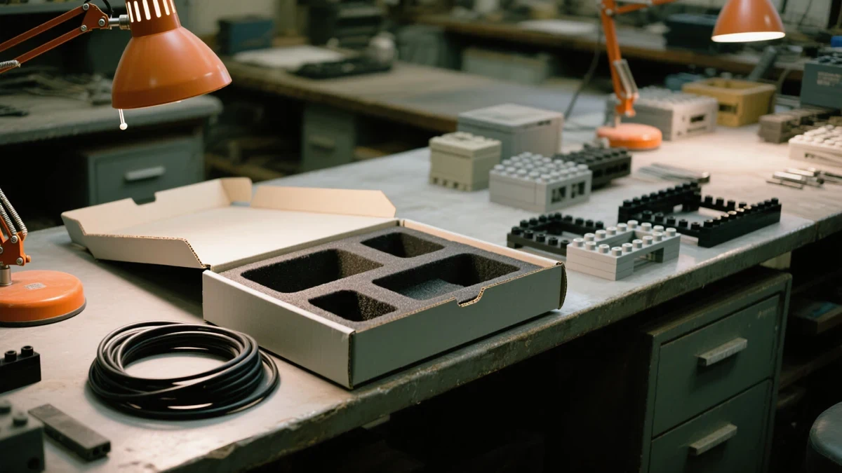 Hands sorting cables and a white charging puck on a warm off-white desk, graphite laptop edge in frame, one bright orange certification tag on the nearest cable.