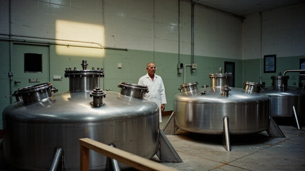 A technician in safety glasses adjusting control panels on a row of steel fermentation tanks in a cool white pilot plant.