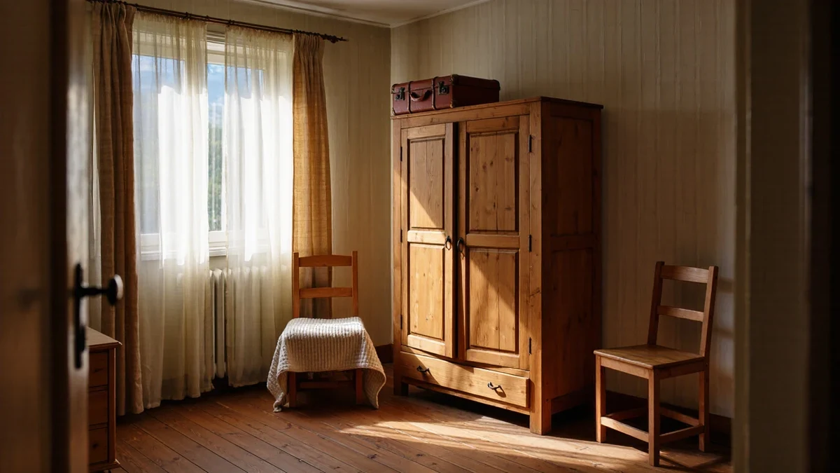 A solid-oak dresser with eased drawer edges stands against a plaster wall while afternoon light rakes across its grain and someone slides a drawer shut with one hand.