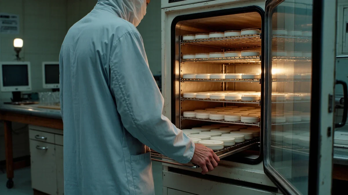 A microbiologist examining culture plates under cool white light at a steel bench, one gloved hand turning a dish, no visible identifiers.