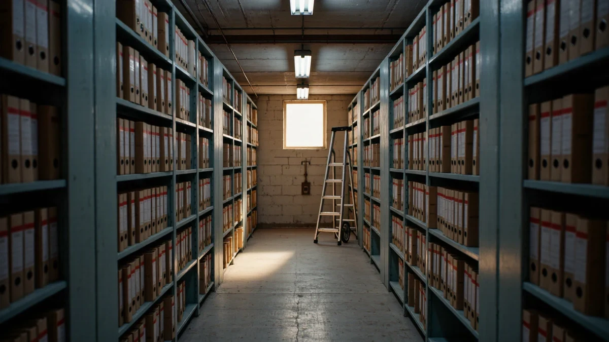 A budget analyst's desk stacked with bound volumes in a gray federal office, one desk lamp glowing at dusk.
