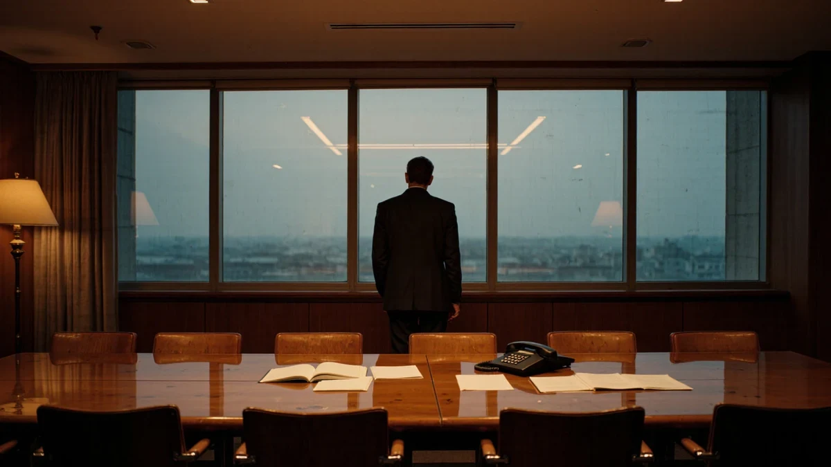 A glass tower boardroom at dusk, contracts fanned beside a ringing conference phone.
