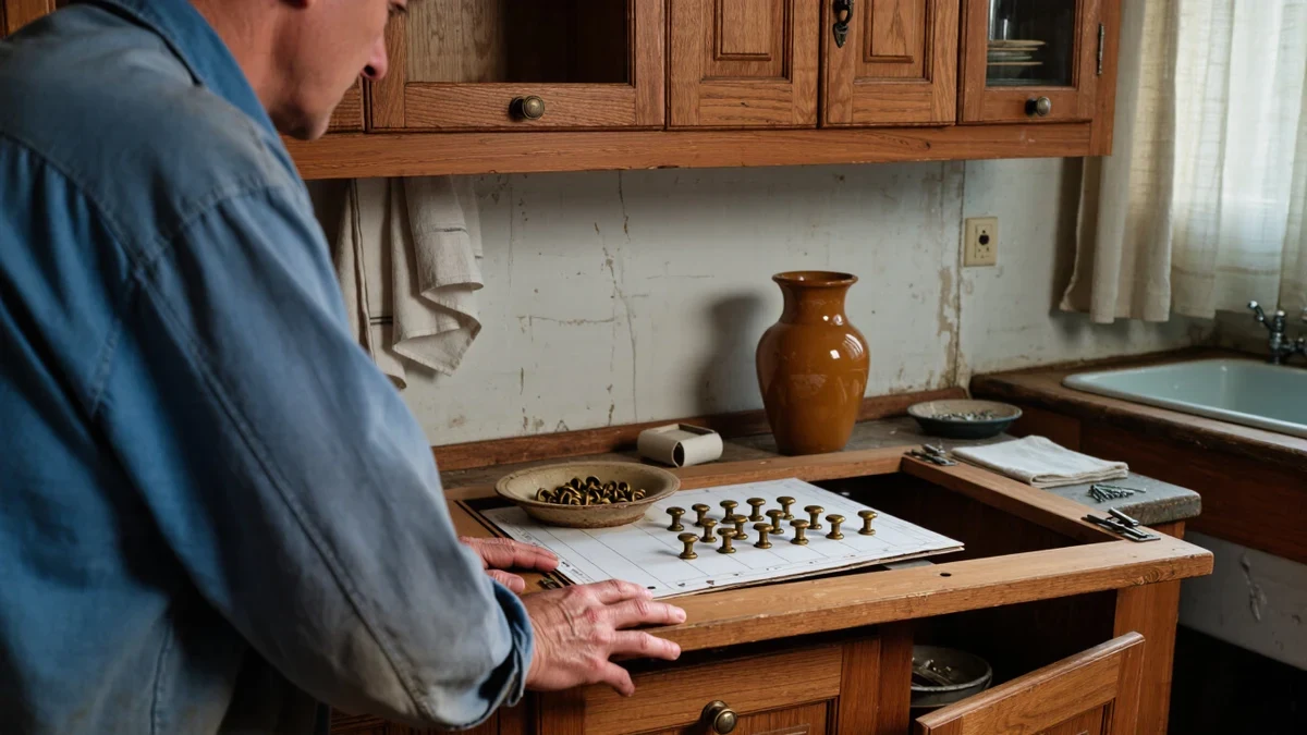 Afternoon light across a painted kitchen, a person's hands steadying a brass pull against a drawer front scattered with templates, a drill resting on a linen cloth.