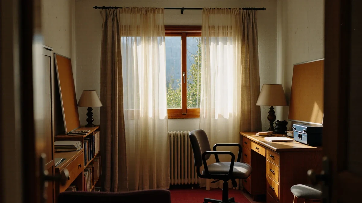 A home office in plaster-white calm where a monitor sits beside a window's side light, linen curtains soften the morning, and a reader adjusts the lamp without looking away from the page.