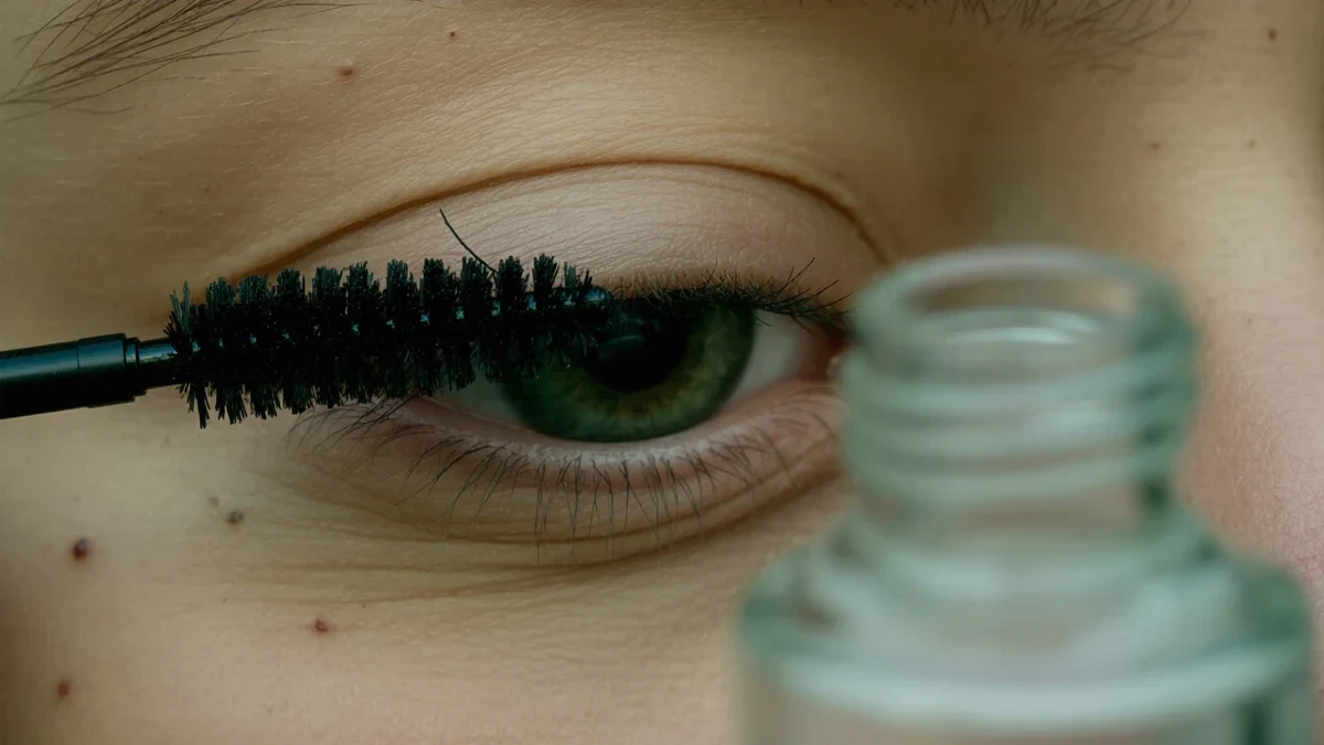 A woman leaning toward a window's soft daylight, one hand steady with a mascara wand near bare lashes, natural skin texture glowing in cream and terracotta light.