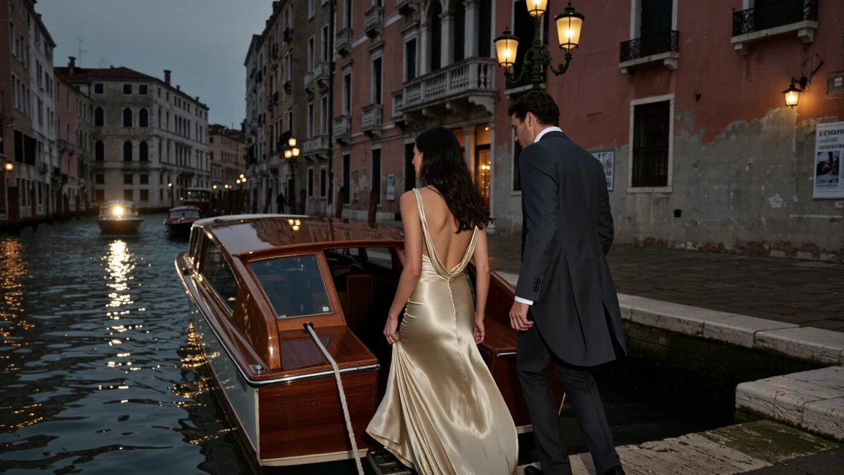 Evening falls over a Venice-style canal premiere, gondola lanterns and flash bulbs reflecting off dark water as an elegant couple in evening dress steps from a water taxi, faces turned away from the lens.