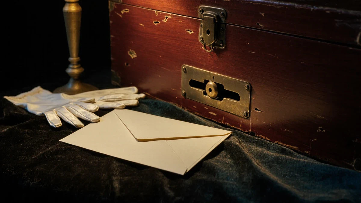 A grand theater lobby after a gala, a velvet donation box and stacked programs beneath a marquee's warm glow, long gloves and an envelope resting on the counter as the last guests drift toward the doors.