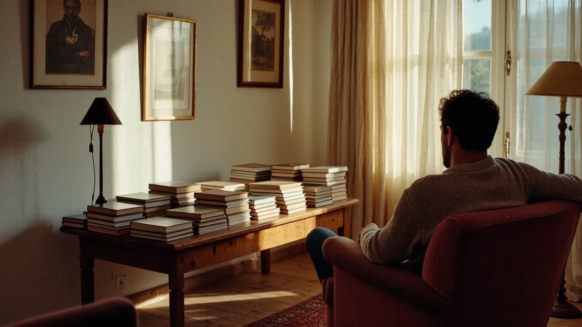 A low bookshelf in warm lamplight stacked with oversized art volumes while a man in linen crosses the room with coffee and one book already open on the sofa.
