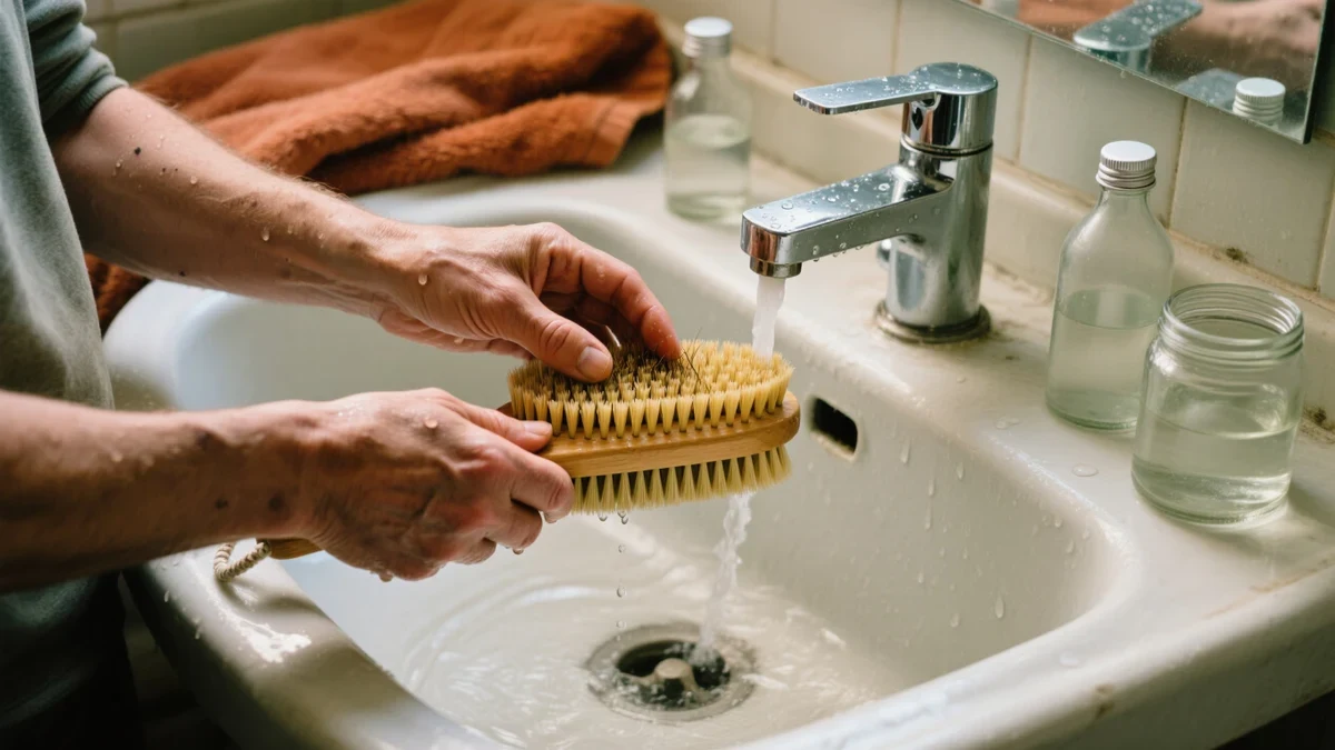 A woman rinsing a wooden paddle brush under warm water at a bright bathroom sink, water catching the light, cream tiles and a terracotta towel behind her.