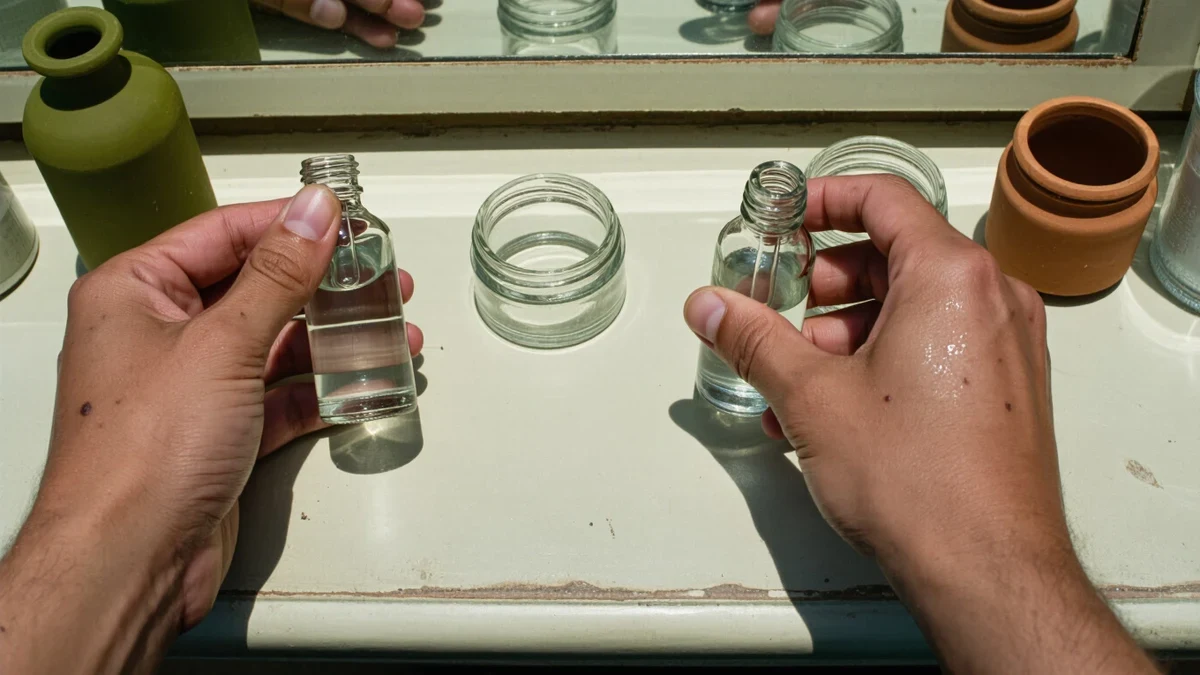 A shopper in her thirties compares two serum bottles at a sunlit vanity, natural skin texture catching the window light.