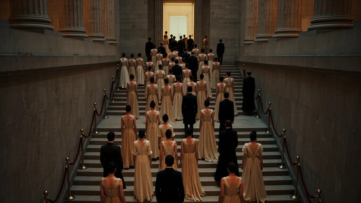 Flashbulbs sweep across museum steps at dusk, velvet ropes channeling a procession of gowns toward glowing marble doors.