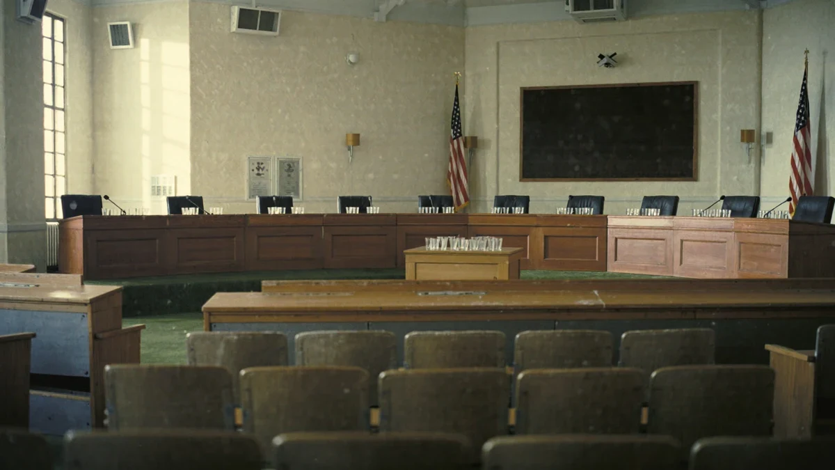 A congressional hearing room sits quiet under slate-gray light, folders and water glasses squared on the dais before morning markup.