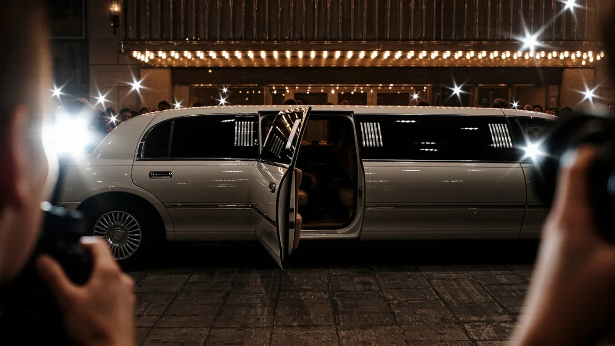 A grand marquee burns gold over velvet ropes as limousine doors open into a storm of flash bulbs.