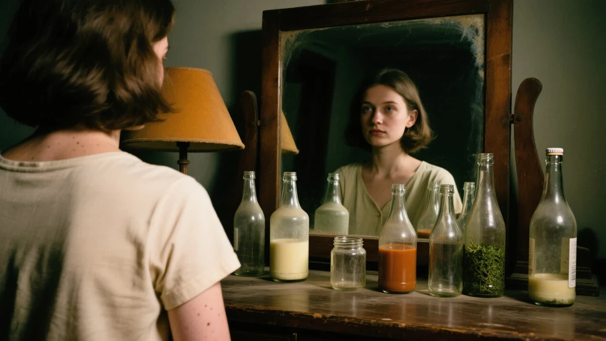 A woman in her late twenties at a well-lit vanity at night, pressing a pea-sized amount of cream between her fingertips by lamplight.