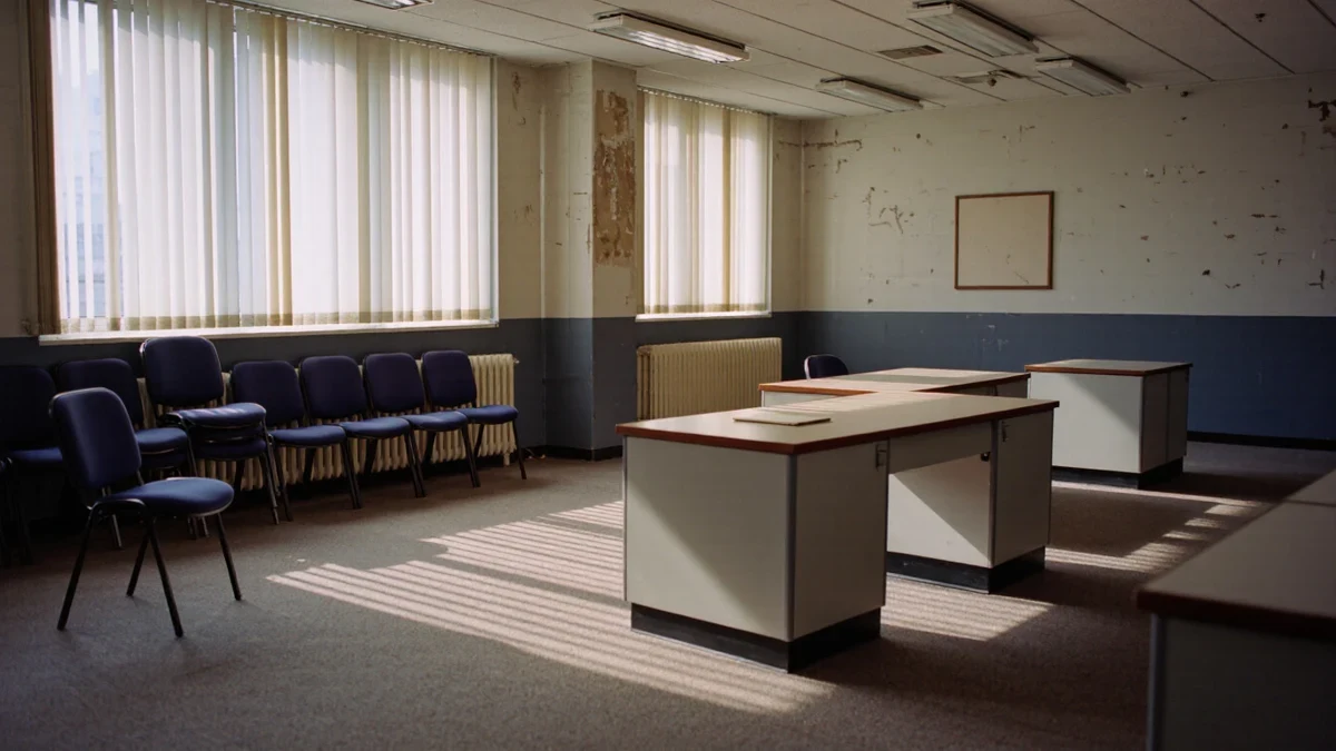 A quiet federal corridor of glass and navy carpet where an agency reorganization memo quietly reshapes the workday.