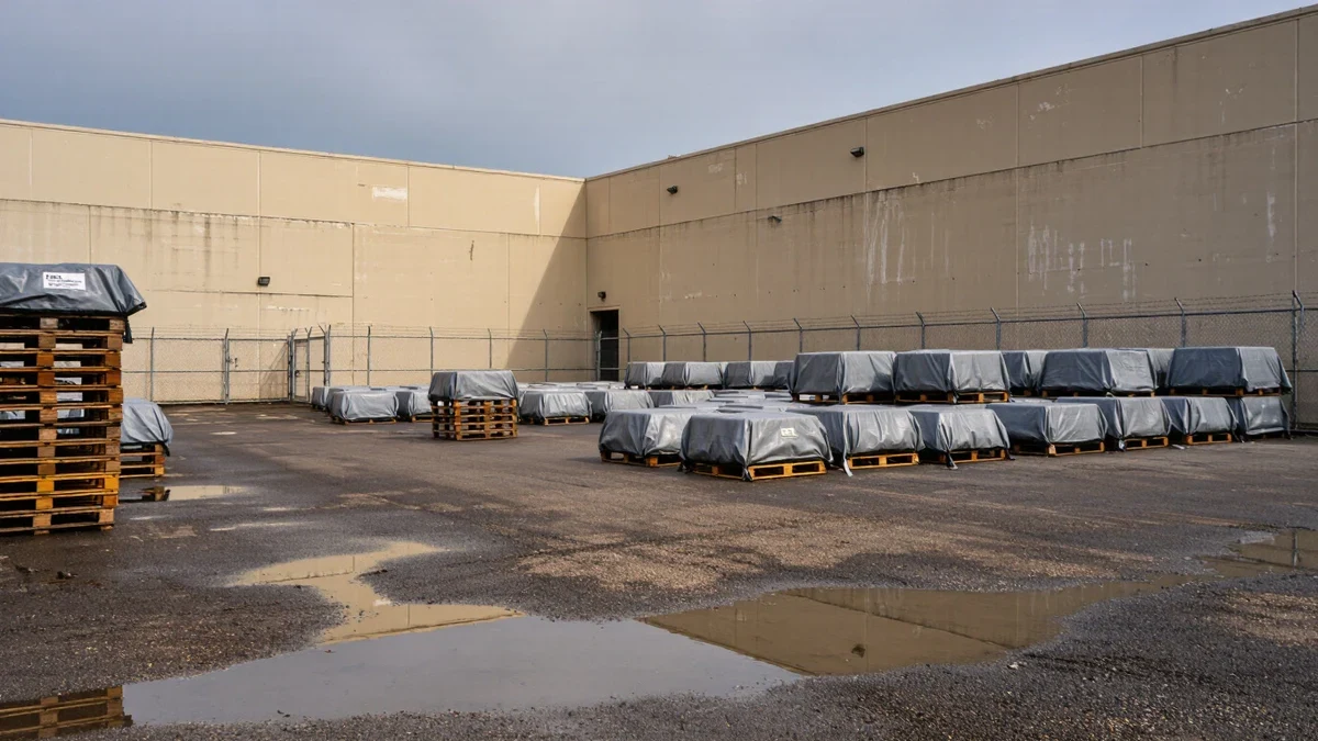 A long warehouse aisle in cool slate light, two workers in plain coveralls checking sealed equipment containers on pallets, no weapons visible.