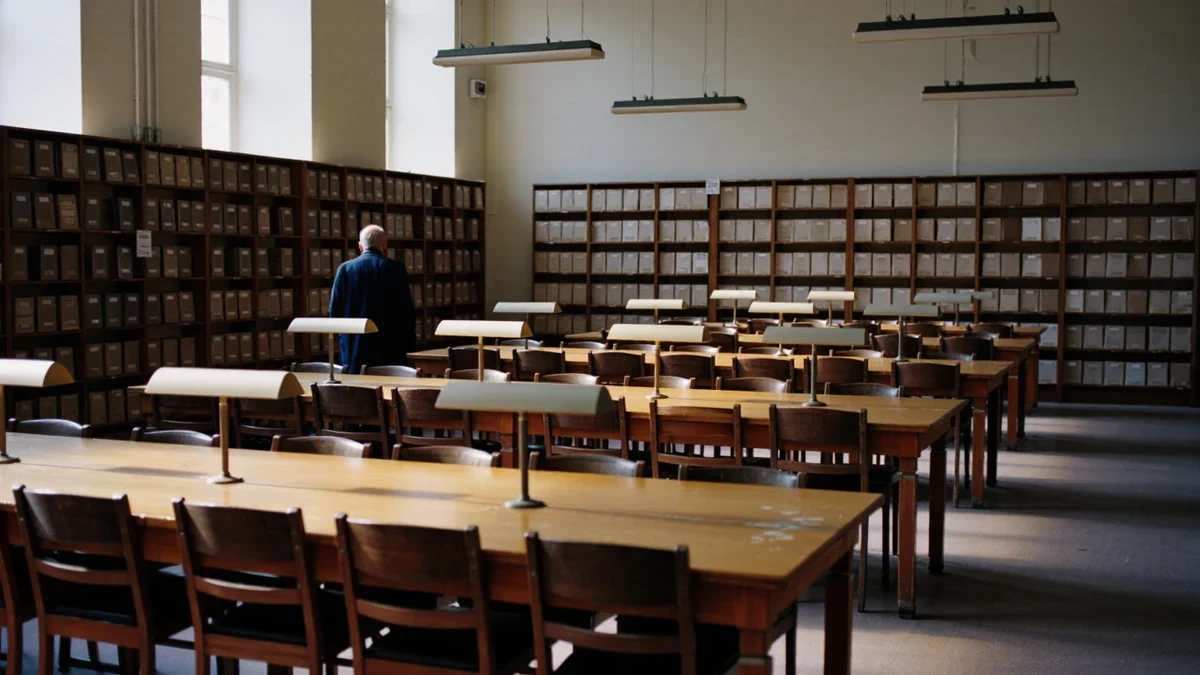 A quiet research library reading room in navy and off-white, a reader turning pages of a declassified volume at a long wooden table in soft daylight.