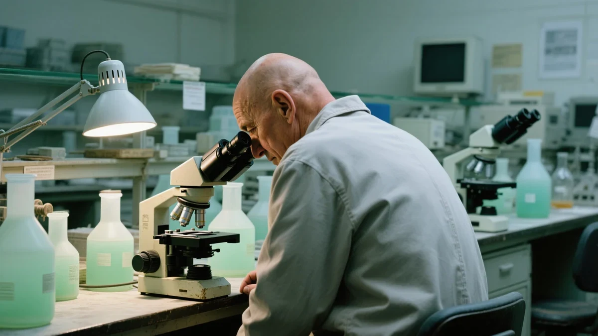 A scientist in safety glasses examines single-cell culture plates at a brushed-steel lab bench, cool white and teal light, gloved hands mid-technique.