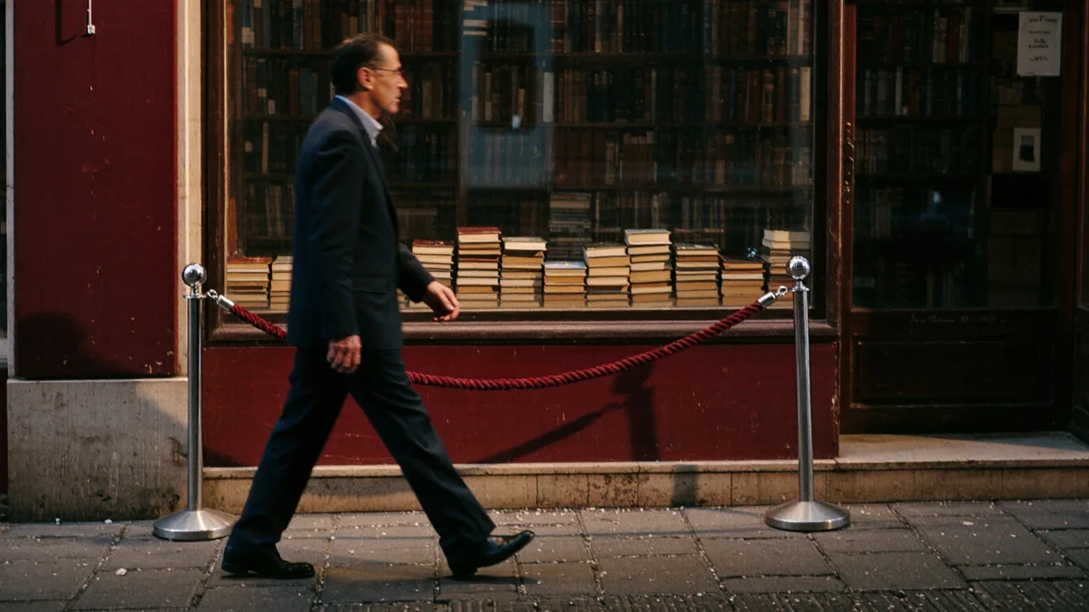 A bookshop window glows after hours beside velvet ropes, a stack of hardcovers spotlit under marquee bulbs.
