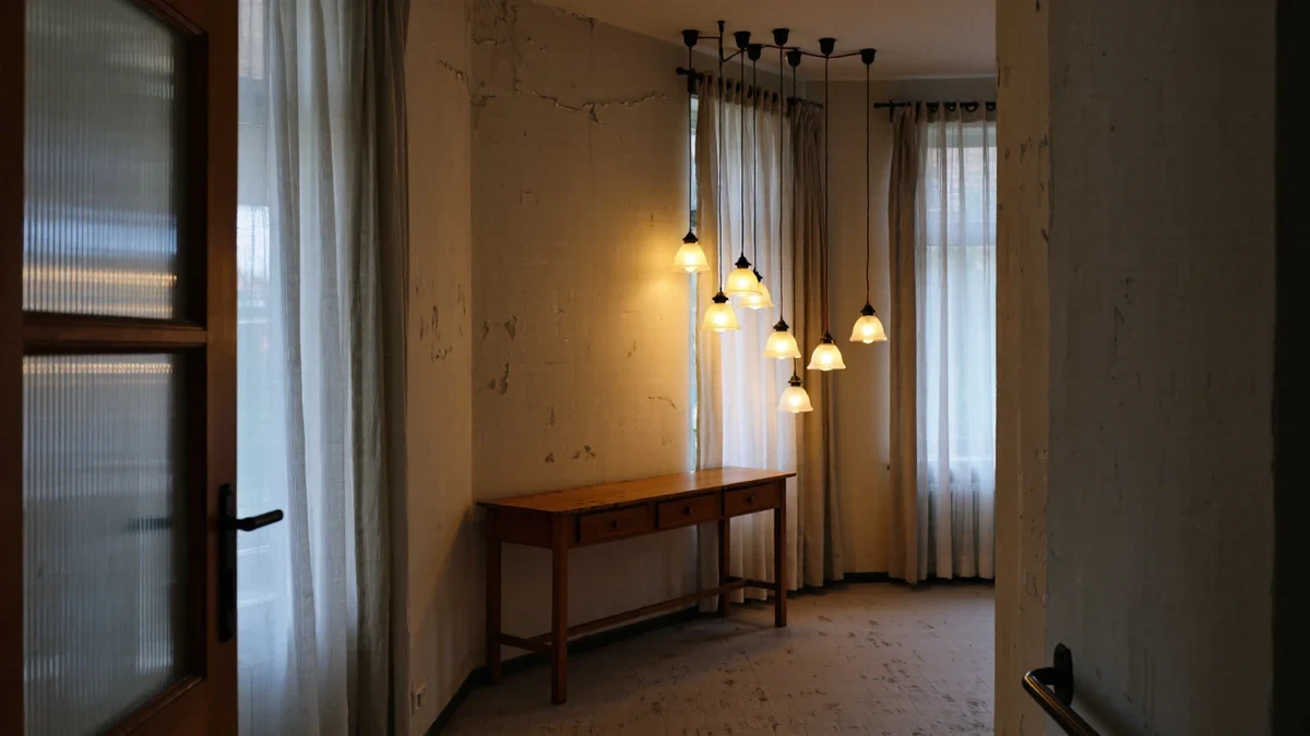 A living room at dusk lit in layers, aged-brass pendants pooling light over an oiled sideboard while sheer curtains hold the last blue hour and someone reaches to dim a sconce.