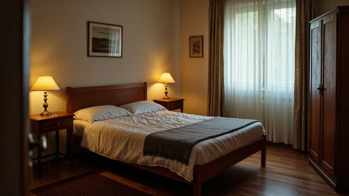 Layered morning light through sheer curtains falls across a burnished plaster wall and an oiled oak floor, a figure in linen arranging stems at a stone console.