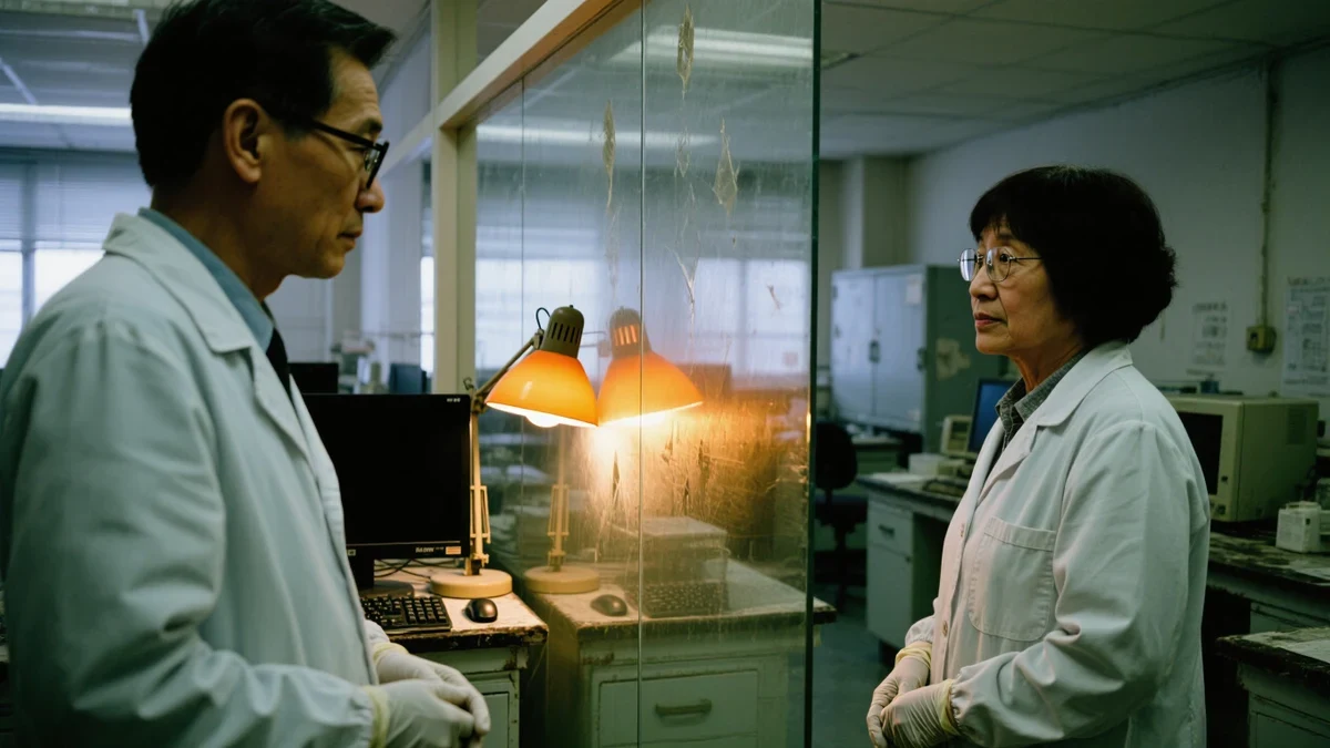 A scientist in safety glasses pipettes samples at a glass-and-steel bench, cool teal light and shallow depth of field.