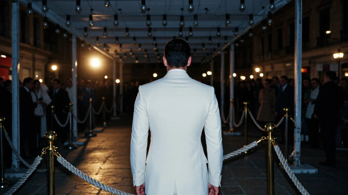 A flash-bulb-lit arrivals line at a golden-age Hollywood premiere, velvet ropes gleaming under the marquee as an elegant figure in a sharply tailored white dinner jacket adjusts his cuff, seen from behind.