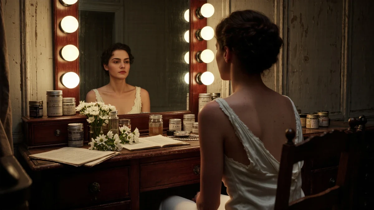 An old-Hollywood dressing room mirror ringed with warm bulbs, a young performer's chair draped with a script and flowers, the empty room holding the quiet between takes.