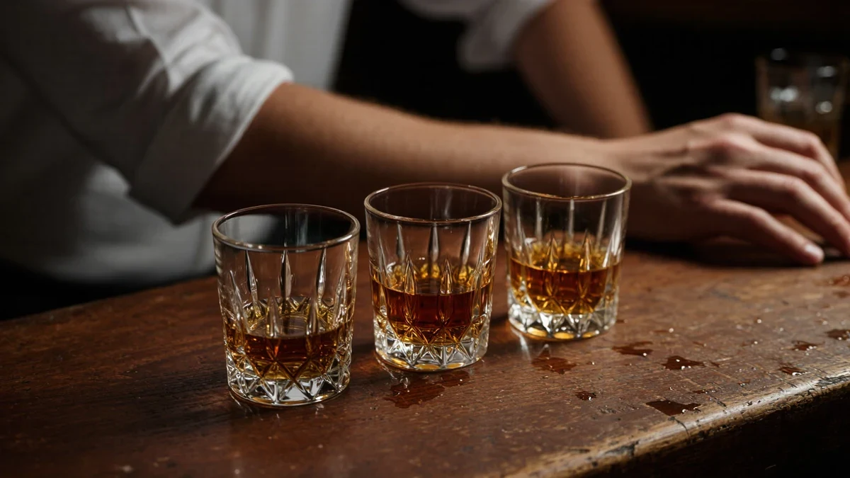 Amber liquid catches the light in crystal glasses set against a dark speakeasy bar.