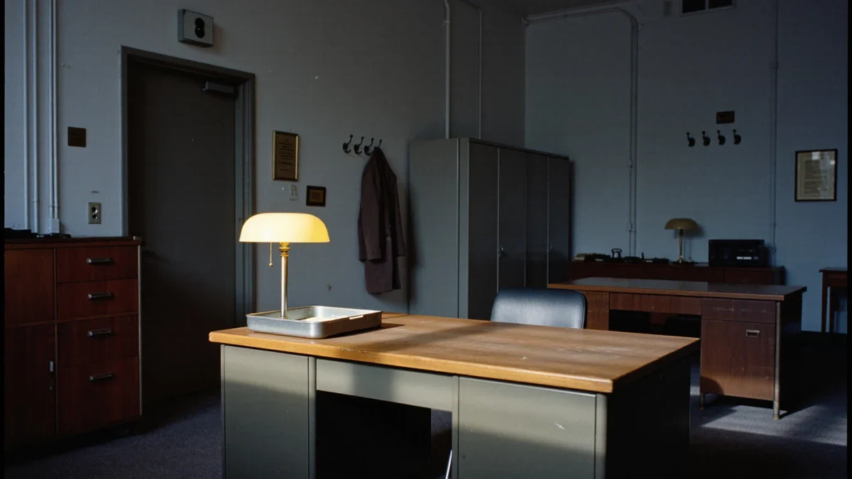 In a dim server hallway of off-white cabinets, two federal technicians in lanyards check a rack panel, their faces lit by indicator lights under cool overheads.