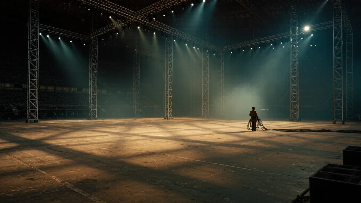 Golden stage light spills across an empty stadium floor as a crew readies the night.