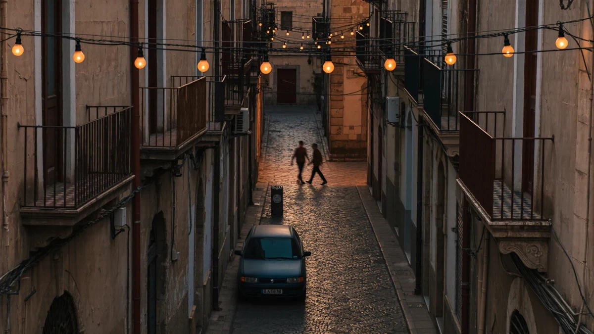 Stone balconies strung with lights lean over a narrow Spanish street as a getaway car idles beneath the flash of one camera.