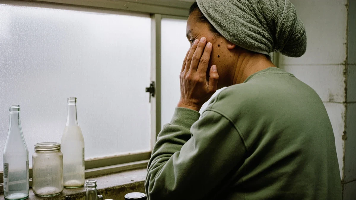 A woman patting moisturizer onto damp cheeks beside a steamed bathroom window, soft daylight catching natural skin texture in cream and terracotta warmth.